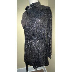 Gianni Bini Full Sequin Black Tunic Dress 40" Bust Sparkle Tie Belt 33 Length LS